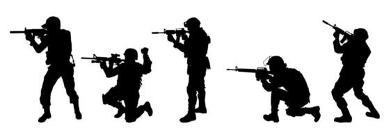 silhuett samling av manlig soldat bärande maskin pistol vapen. vektor