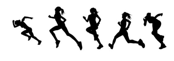 silhuett samling av sportig kvinna i löpning utgör. silhuett grupp av kvinna springa utgör. vektor