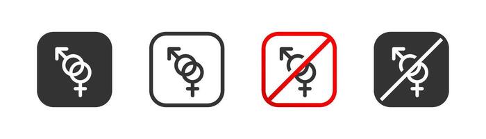 Nej kön skillnader. förbjudna kön tecken, Nej preventivmedel. manlig och kvinna, varning, uppmärksamhet, heterosexuell relationer. enkel platt illustration. vektor