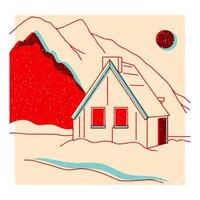 landskap. ranch, hus i de fjäll, odla, äng, hus, träd, väg, berg. hand dragen illustration. färgrik söt skärm utskrift effekt. riso skriva ut effekt. ikon, logotyp, skriva ut, affisch vektor