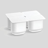 leer Pack von vier Joghurt Verpackung Attrappe, Lehrmodell, Simulation Dessert Plastik Container isoliert auf Weiß Hintergrund vektor