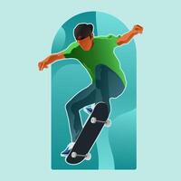 en man är skateboard i de luft. de bild är av en man i en grön skjorta och blå jeans ridning en skateboard vektor