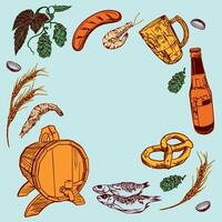 Bier Satz, Fass, Flasche, Becher, Brezel, Hopfen, Fisch, Garnele. Hand gezeichnet Illustration zum Etiketten, Banner, Poster, Abdeckungen, Oktoberfest Einladungen, Menüs. vektor