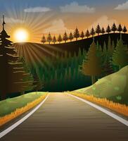 landskap asfalt bil väg i natur bland bergen kullar och träd stock illustration vektor