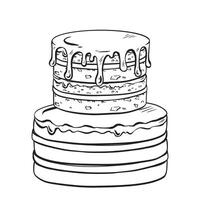en tredelad födelsedag kaka avbildad i svart och vit linje konst teckning vektor