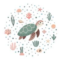 tropisk sköldpadda flytande under vattnet. isolerat på vit bakgrund. tecknad serie hav djur. barn grafisk för affisch vektor
