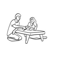 man häller te på kopp av hans flickvän på små tabell illustration hand dragen isolerat på vit bakgrund vektor