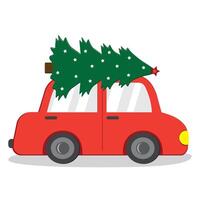 röd bil med jul träd, Färg isolerat tecknad stil illustration vektor