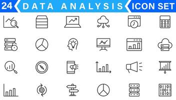 Daten Analyse dünn Linie Symbol Satz. Daten wird bearbeitet Gliederung Piktogramme zum Webseite und Handy, Mobiltelefon App gui. Digital Analytik einfach ui, ux Symbole vektor