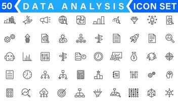 Daten Analyse dünn Linie Symbol Satz. Daten wird bearbeitet Gliederung Piktogramme zum Webseite und Handy, Mobiltelefon App gui. Digital Analytik einfach ui, ux Symbole vektor