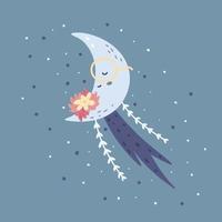 månen med blommor plantskola boho affisch. söta barnsliga element i enkel handritad skandinavisk tecknad doodle stil. begränsad pastellpalett idealisk för utskrift av barnsliga textilier, kläder vektor