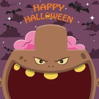 halloween karaktär design. med brun zombie karaktär. stort ansikte och öppen mun. på gravfält vektor