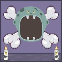 Halloween-Charakter-Design mit grauem Zombie-Kopf. auf Totenkopf und Kerzen vektor