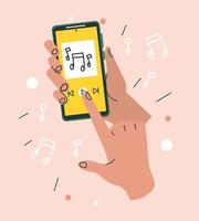 hand med smartphone lyssnar musik vektor