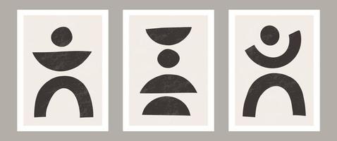 trendige zeitgenössische abstrakte Wandkunst, 3er-Set Boho-Kunstdrucke, minimale schwarze Formen auf Beige. Kreative geometrische minimalistische künstlerische handgemalte Komposition aus der Mitte des Jahrhunderts. vektor