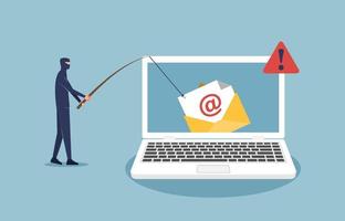 Hacker bricht E-Mails auf dem Laptop-Bildschirmkonzept ab. Phishing- und Cyberkriminalität-Vektorillustration vektor