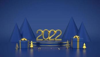 Frohes neues 2022 Jahr. 3d goldene metallische Zahlen 2022 auf blauem Bühnenpodium. Szene, runde Plattform mit Geschenkboxen und goldener metallischer Kiefer, Fichten auf blauem Hintergrund. Vektor-Illustration. vektor