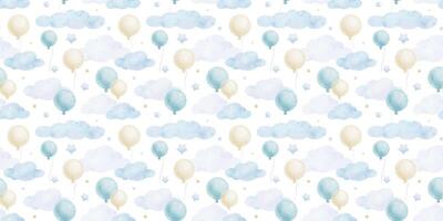 fliegend runden Blau Luftballons, Sterne und Wolken. süß Babys Hintergrund. Aquarell nahtlos Muster von Pastell- Farbe zum Kinder- Gut, Babys Zimmer Design, Einladung, Kinder Textil, Kleidung vektor