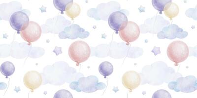 fliegend runden Rosa, lila Luftballons, Sterne, Wolken. süß Babys Hintergrund. Aquarell nahtlos Muster von Pastell- Farbe zum Kinder- Gut, Babys Zimmer Design, Einladung, Kinder Textil, Kleidung. vektor