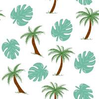 söt hand dragen handflatan träd och tropisk blad sömlös mönster. platt illustration isolerat på vit bakgrund. klotter teckning. vektor