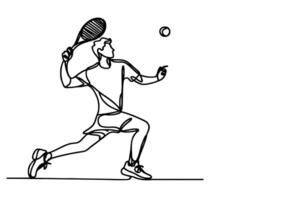 ett kontinuerlig svart linje hand teckning av man spelar tennis klotter linjär teckning man tecknad serie palyer på vit. vektor