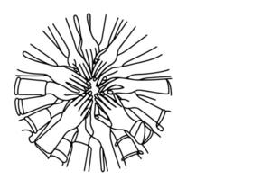 kontinuerlig ett enda svart linje teckning lagarbete grupp av vänner sätta deras händer tillsammans illustration isolerat på vit bakgrund vektor