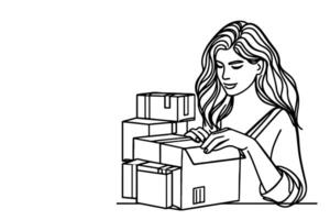 kontinuierlich einer Single schwarz Linie Zeichnung ein Frau halten Box oder Geschenk und Öffnung ein Box mit Daumen oben vektor