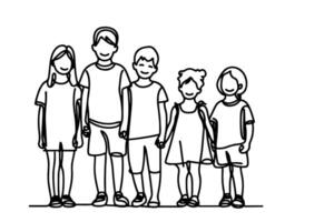 einer kontinuierlich Linie Zeichnung von ein Gruppe von Kinder halten jeder Andere Hände. Gekritzel linear Zeichnung. glücklich Kinder- Tag Konzept auf Weiß. vektor