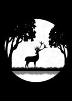 Silhouette von Hirsch Stehen im Nacht Wiese. magisch neblig Landschaft, voll Mond Illustration. vektor