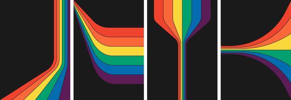retro häftig regnbåge Färg randig affisch. geometrisk hippie regnbågar väg på konst täcker. årgång hippie stil olika abstrakt regnbågsskimrande strömma Ränder. trendig minimalistisk y2k färgrik spektrum konstverk vektor