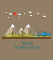 Solar- Leistung Pflanze isoliert Illustration. sauber elektrisch Energie von verlängerbar Quellen von Sonne und Wind. Solar- Paneele und Wind Turbinen auf Berg Landschaft Hintergrund. vektor