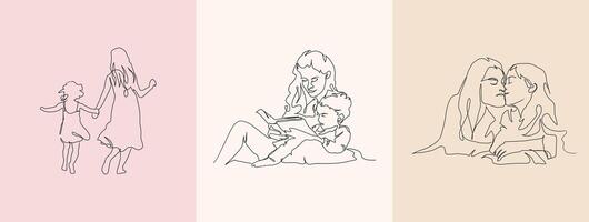 einstellen von kontinuierlich Linie Kunst von Mutterschaft, glücklich Mutter Tag, einer Linie Zeichnung, Elternteil und Kind Silhouette Hand gezeichnet. Illustration vektor