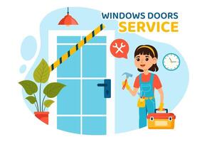 fönster och dörrar installation service illustration med arbetstagare för Hem reparera och renovering använda sig av verktyg i platt barn tecknad serie bakgrund design vektor