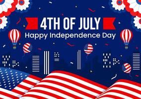 4:e av juli Lycklig oberoende dag USA illustration med amerikan flagga och ballonger i platt nationell Semester tecknad serie bakgrund design vektor