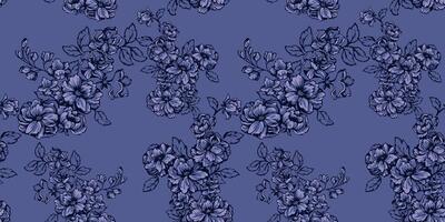 abstrakt künstlerisch Blühen Umrisse Blumen, Knospen, Blätter nahtlos Muster auf ein wahr Blau Hintergrund. stilisiert Linien Blumen- Stängel Drucken. Hand gezeichnet skizzieren. vektor