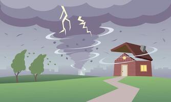 dålig väder landskap med tornado orkan och en hus skadad förbi virvelvind vektor