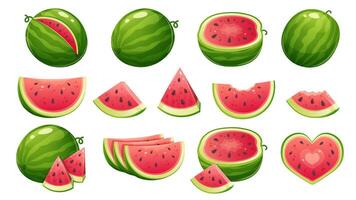 uppsättning av vattenmelon ikoner i annorlunda vinklar på vit bakgrund. vattenmelon skiva, halv, hela vattenmelon, vattenmelon Bitten och skära upp vektor