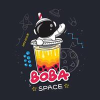 roligt illustration terar ett astronaut på en bubbla te kopp mitt i en Plats klotter bakgrund vektor