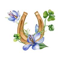 Glücklich Symbol Hufeisen und Krokus Aquarell Illustration isoliert auf Weiß. gemalt Kleeblatt mit Blumen. irisch Symbol vier Blätter Kleeblatt Hand gezeichnet. Design zum st. Patrick Tag, Ostern, Frühling vektor