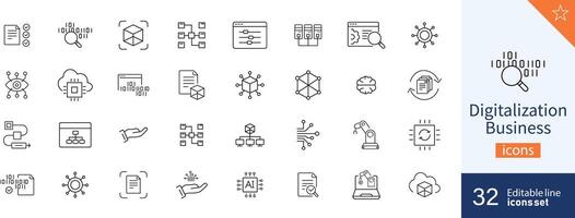 uppsättning av 32 digitalisering företag webb ikoner i linje stil. systemet, utgångspunkt, digitalisering, industri, dator. illustration. vektor