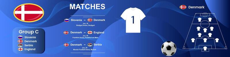 Information Banner von das Dänemark National Fußball Mannschaft mit Spiel Zeitplan. nahtlos Karussell zum instagram. vektor