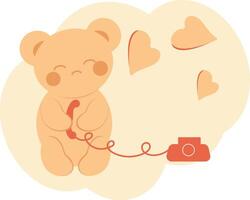söt ledsen teddy Björn i söt stil med hjärtan och en telefon mottagare. minimalistisk universell kort vektor