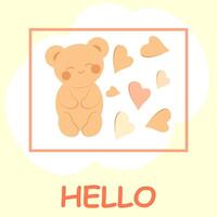 süß heiter Teddy Bär im kawaii Stil mit Herzen und das Inschrift Hallo. minimalistisch Universal- Karte. vektor