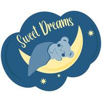 söt blå Björn i söt stil sover under en filt på de måne. minimalistisk kort, klistermärke med ljuv drömmar inskrift. vektor