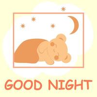 söt glad teddy Björn i söt stil sover under en filt mot de bakgrund av de måne och stjärnor. Bra natt.. minimalistisk universell kort. vektor