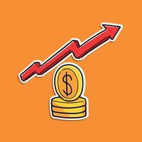 Dollar erhöhen, ansteigen stinks Münze Stapel, rot Pfeil hoch, Gelb Münze Dollar Illustration Design isoliert im ein Orange Hintergrund, Aufkleber Stil vektor