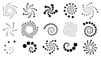 uppsättning av svart halvton prickad virvlar, vändningar, virvlar runt. abstrakt geometrisk form rörelse. stjärnor, galax, universum, kosmisk estetisk. design element samling för webb sidor, grafik, affischer, mall. vektor