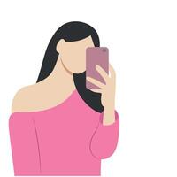 porträtt av en flicka med en telefon i henne hand, selfie, isolera på vit, ansiktslös illustration, platt, handgjort vektor