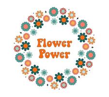 blomma kraft inskrift i häftig stil. färgrik krans av daisy i retro 70-tal. design för kort, t-shirt, baner, affisch, flygblad. vektor