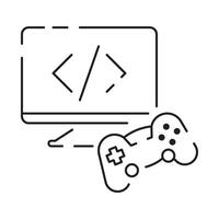 spel linje ikon. spel genrer och attribut. kontroller, joystick och dator. spel trösta. vektor